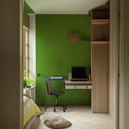 A modern bedroom featuring a green designer wall, a canopy bed, a study table attached to the wall, a window filled with lush greenery, bathed in warm yellow light, and a wooden sliding wardrobe