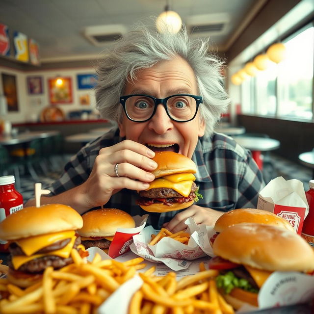 An elderly Caucasian man with wild, gray hair and glasses, sitting at a cluttered table, surrounded by multiple hamburgers and French fries