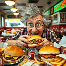 An elderly Caucasian man with wild, gray hair and glasses, sitting at a cluttered table, surrounded by multiple hamburgers and French fries