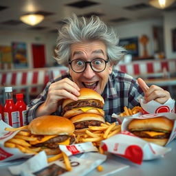 An elderly Caucasian man with wild, gray hair and glasses, sitting at a cluttered table, surrounded by multiple hamburgers and French fries