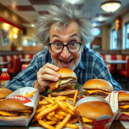 An elderly Caucasian man with wild, gray hair and glasses, sitting at a cluttered table, surrounded by multiple hamburgers and French fries