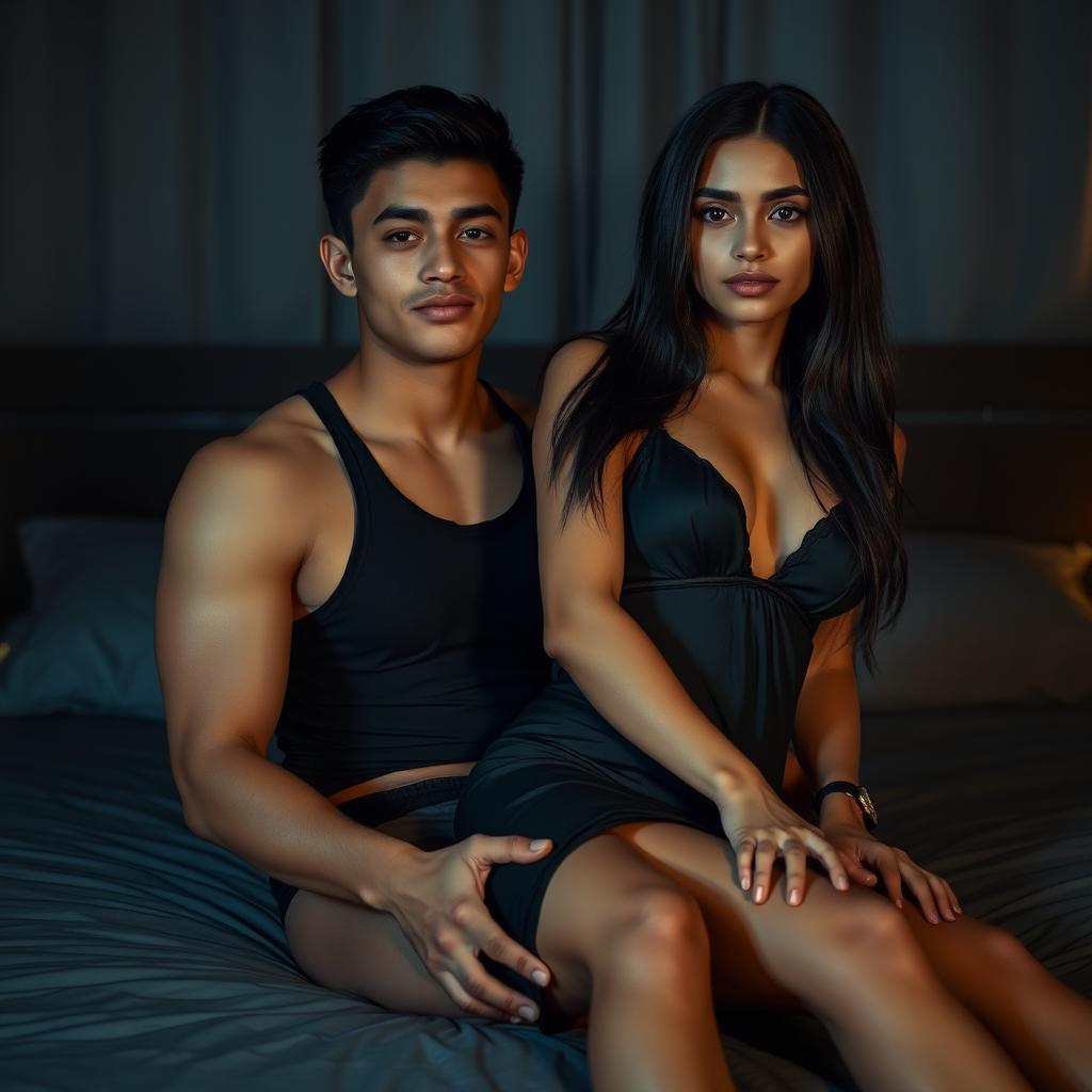 A handsome 19-year-old Indonesian man with an athletic body and clear white skin, sitting on a bed with a dark and romantic evening atmosphere