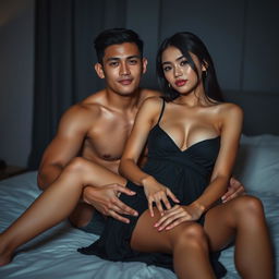 A handsome 19-year-old Indonesian man with an athletic body and clear white skin, sitting on a bed with a dark and romantic evening atmosphere