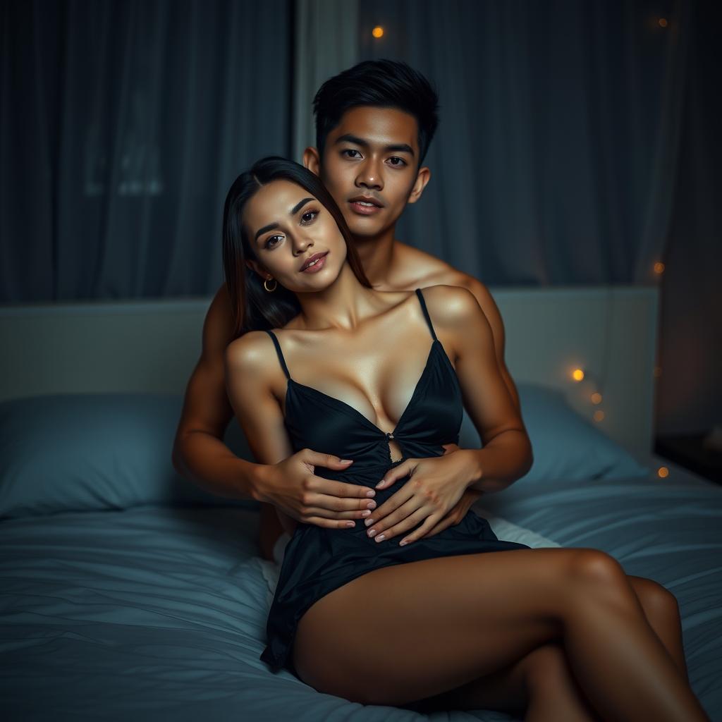 A handsome 19-year-old Indonesian man with an athletic body and clear white skin, sitting on a bed with a dark and romantic evening atmosphere