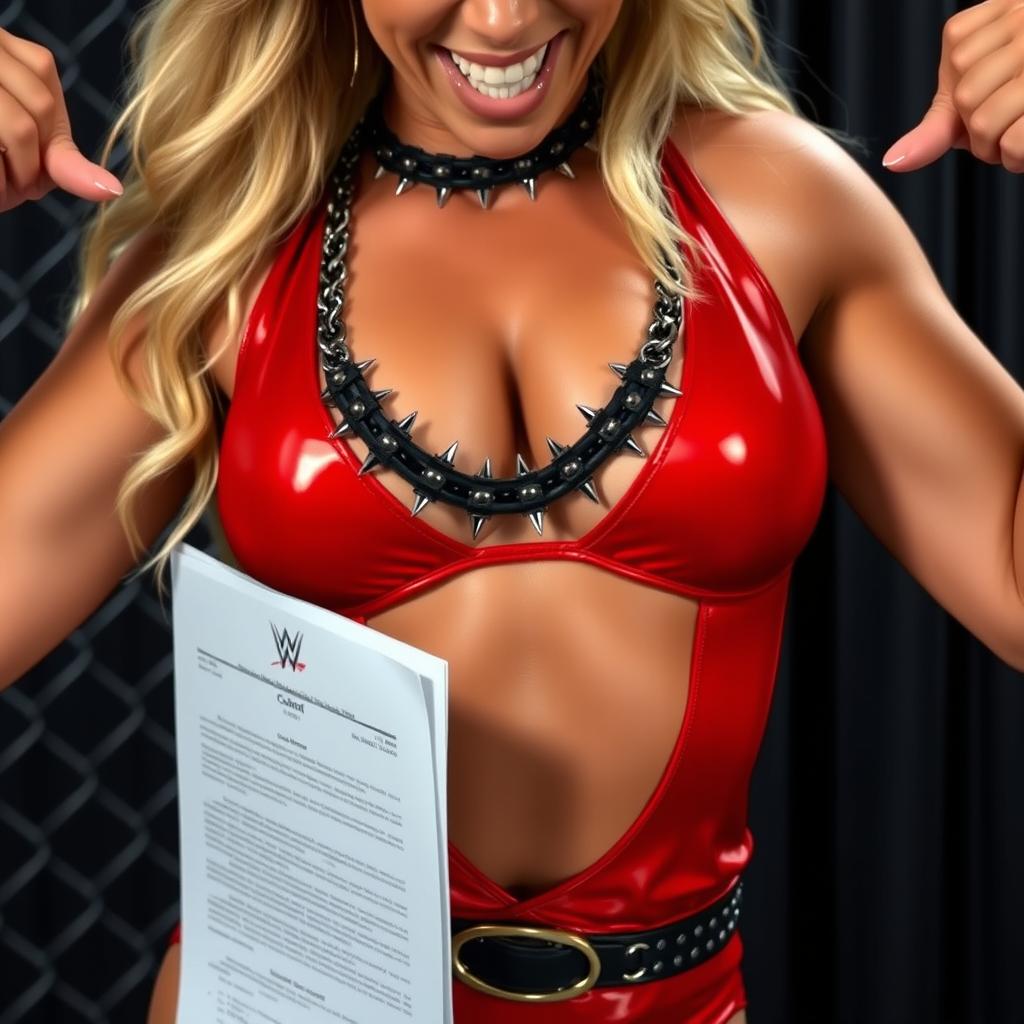 A close-up torso shot of a gorgeous female wrestler with blonde hair, wearing shiny red wrestling gear adorned with a spiked black collar and chains