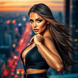 A stunning and alluring woman with long, flowing hair and captivating eyes, exuding confidence and elegance in a stylish and modern outfit