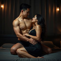 A handsome 19-year-old Indonesian man with an athletic body and clear white skin, sitting above a bed in a dark and romantic night atmosphere