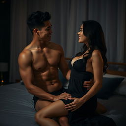 A handsome 19-year-old Indonesian man with an athletic body and clean white skin, seated above a bed in a dark and romantic nighttime atmosphere