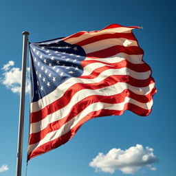 An image of the American flag waving in the wind, crafted from a soft fabric material with a slightly worn, vintage look