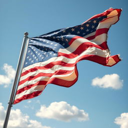 An image of the American flag waving in the wind, crafted from a soft fabric material with a slightly worn, vintage look