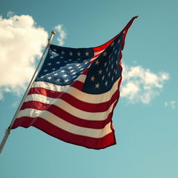 An image of the American flag waving in the wind, crafted from a soft fabric material with a slightly worn, vintage look