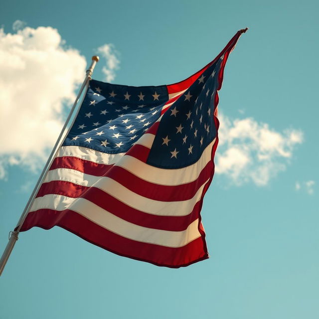 An image of the American flag waving in the wind, crafted from a soft fabric material with a slightly worn, vintage look