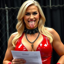 close-up torso shot of a gorgeous female wrestler with blonde hair, wearing shiny red wrestling gear with a spiked black collar and chains