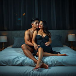 A handsome 19-year-old Indonesian man with an athletic body and clean white skin sits on the bed, with his legs straight, holding a beautiful 38-year-old woman