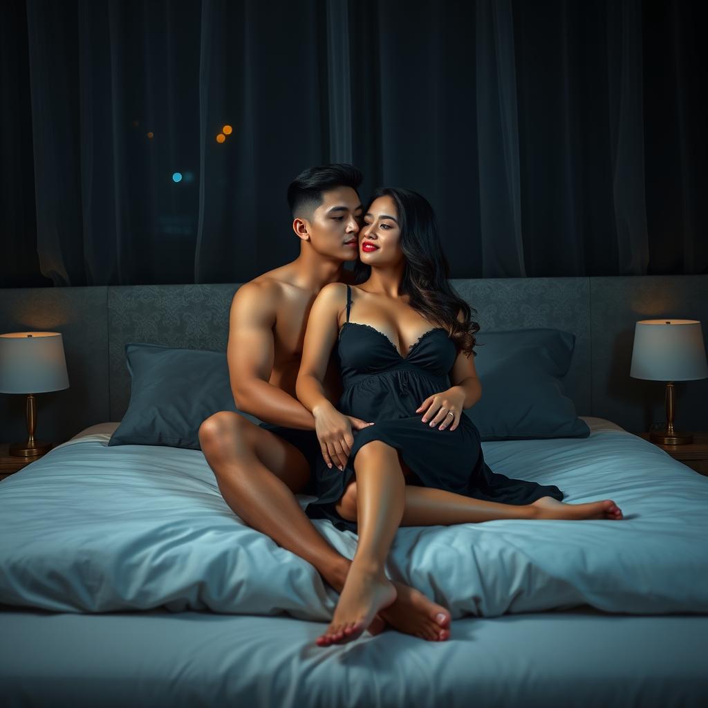 A handsome 19-year-old Indonesian man with an athletic body and clean white skin sits on the bed, with his legs straight, holding a beautiful 38-year-old woman