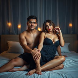 A handsome 19-year-old Indonesian man with an athletic body and clean white skin sits on the bed, with his legs straight, holding a beautiful 38-year-old woman