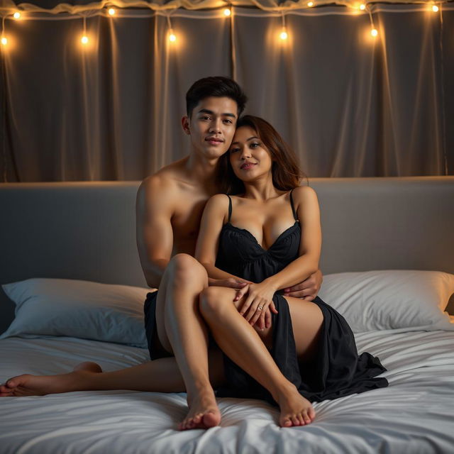 A handsome 19-year-old Indonesian man with an athletic body and clean white skin sits on the bed, with his legs straight, holding a beautiful 38-year-old woman