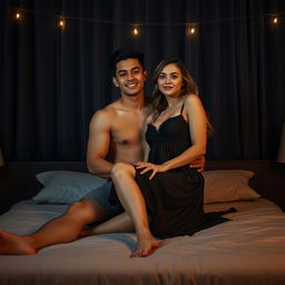 A handsome 19-year-old Indonesian man with an athletic body and clean white skin sits on the bed, with his legs straight, holding a beautiful 38-year-old woman