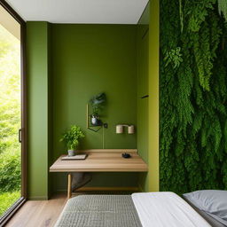 A modern bedroom featuring a green designer wall, a canopy bed, a study table attached to the wall, a window filled with lush greenery, bathed in warm yellow light, and a wooden sliding wardrobe