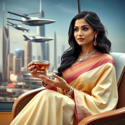 An elegant Indian woman dressed in a blend of traditional and futuristic attire, sitting comfortably in a modern, sleek setting that combines elements of advanced technology with traditional Indian aesthetics