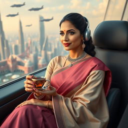 An elegant Indian woman dressed in a blend of traditional and futuristic attire, sitting comfortably in a modern, sleek setting that combines elements of advanced technology with traditional Indian aesthetics