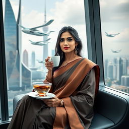 An elegant Indian woman dressed in a blend of traditional and futuristic attire, sitting comfortably in a modern, sleek setting that combines elements of advanced technology with traditional Indian aesthetics