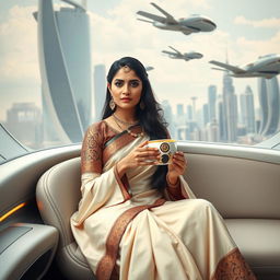 An elegant Indian woman dressed in a blend of traditional and futuristic attire, sitting comfortably in a modern, sleek setting that combines elements of advanced technology with traditional Indian aesthetics