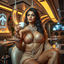 A stunning Indian woman in a futuristic setting, exuding confidence and allure as she enjoys a cup of tea