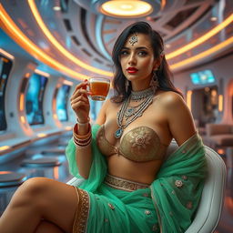 A stunning Indian woman in a futuristic setting, exuding confidence and allure as she enjoys a cup of tea