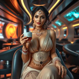 A stunning Indian woman in a futuristic setting, exuding confidence and allure as she enjoys a cup of tea