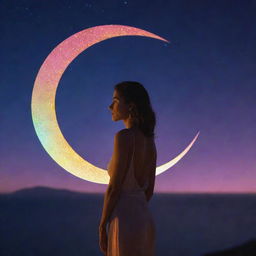 A woman elegantly poised on the shimmering silhouette of the new moon, with the word 'NEOM' glowing in radiant neon colors grandly displayed in the background.
