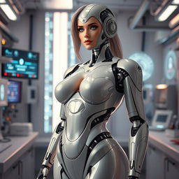 A highly advanced female humanoid robot with a voluptuous figure, standing confidently in a futuristic laboratory