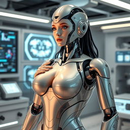 A highly advanced female humanoid robot with a voluptuous figure, standing confidently in a futuristic laboratory