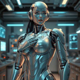 A highly advanced female humanoid robot with a voluptuous figure, standing confidently in a futuristic laboratory