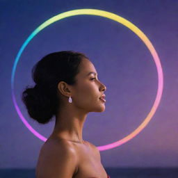 A woman elegantly poised on the shimmering silhouette of the new moon, with the word 'NEOM' glowing in radiant neon colors grandly displayed in the background.