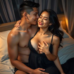 A handsome 19-year-old Indonesian man with an athletic build and clean white skin, engaged in an intimate and romantic moment with a beautiful 38-year-old woman