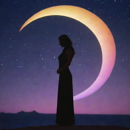 A woman elegantly poised on the shimmering silhouette of the new moon, with the word 'NEOM' glowing in radiant neon colors grandly displayed in the background.