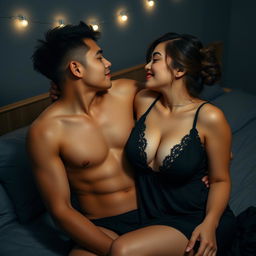 A handsome 19-year-old Indonesian man with an athletic build and clean white skin, engaged in an intimate and romantic moment with a beautiful 38-year-old woman