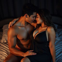 A handsome 19-year-old Indonesian man with an athletic build and clean white skin, engaged in an intimate and romantic moment with a beautiful 38-year-old woman