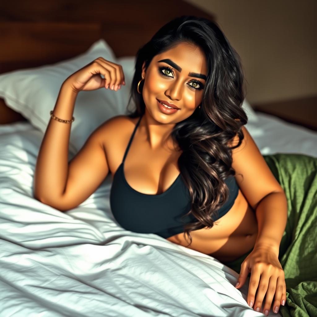 an alluring Indian woman with captivating green eyes, reclining elegantly on a bed