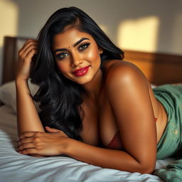 an alluring Indian woman with captivating green eyes, reclining elegantly on a bed