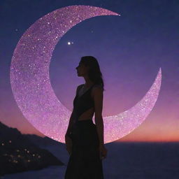 A woman elegantly poised on the shimmering silhouette of the new moon, with the word 'NEOM' glowing in radiant neon colors grandly displayed in the background.