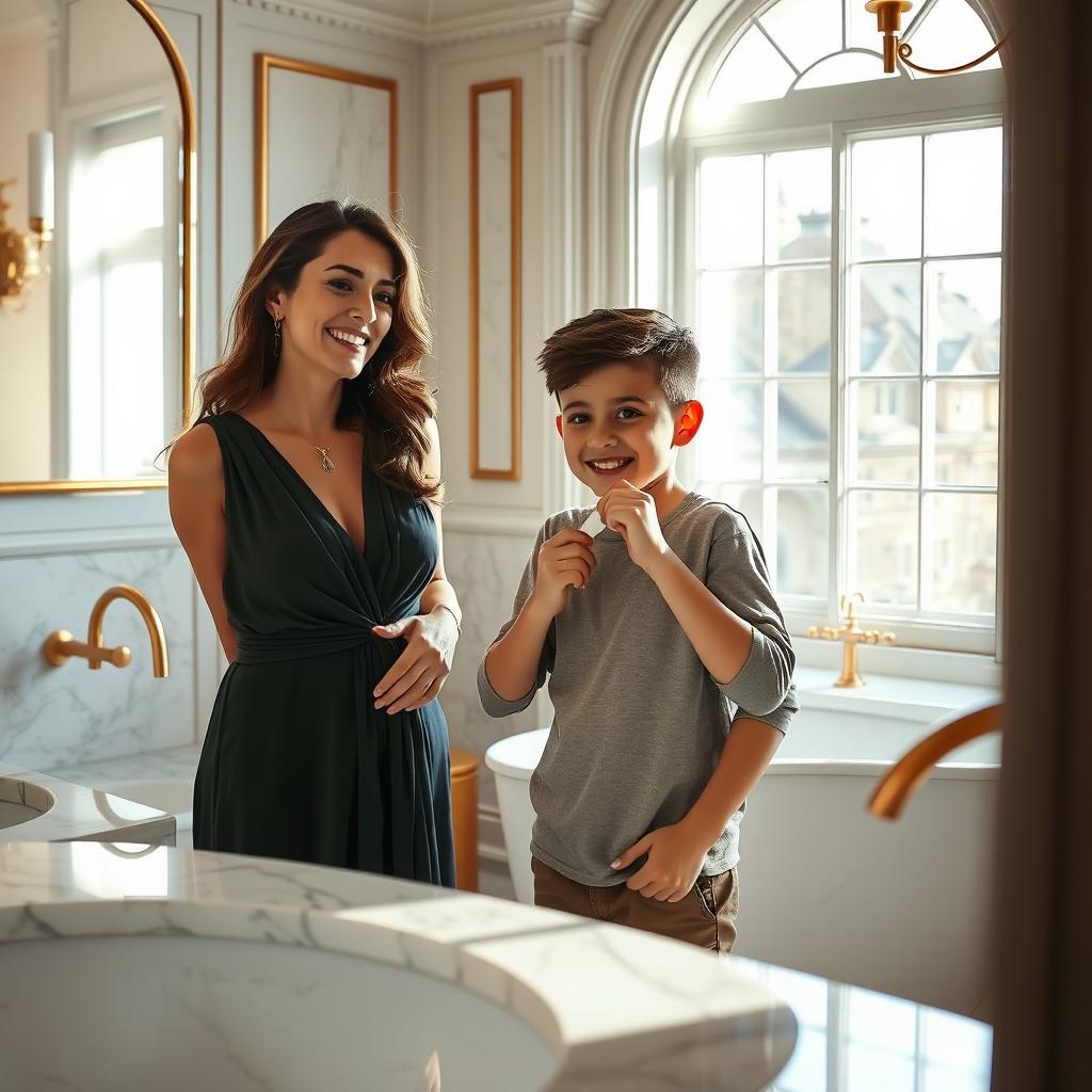 A beautiful and elegant mother in a luxurious bathroom, designed with marble and gold accents