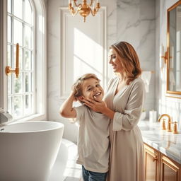 A beautiful and elegant mother in a luxurious bathroom, designed with marble and gold accents