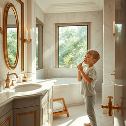 A beautiful and elegant mother in a luxurious bathroom, designed with marble and gold accents