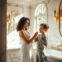 A beautiful and elegant mother in a luxurious bathroom, designed with marble and gold accents