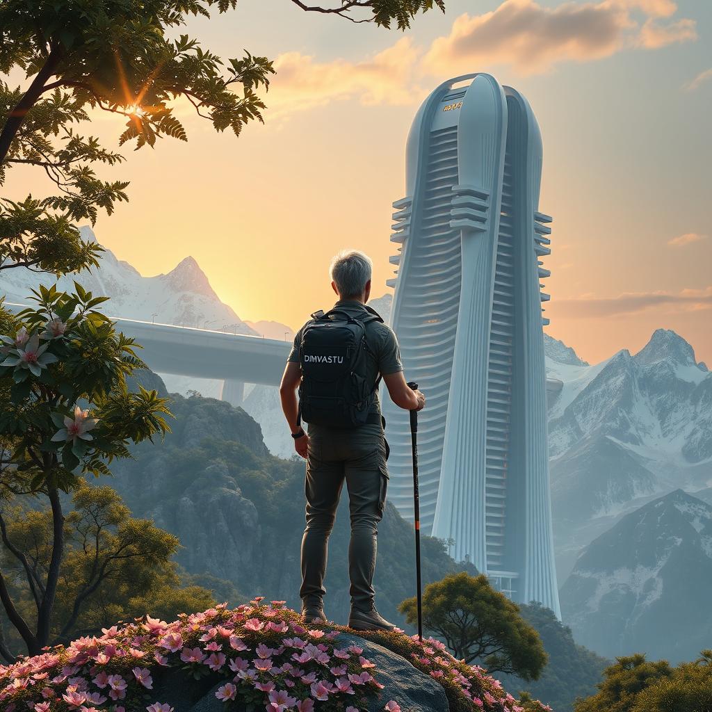 A super realistic scene featuring an architect with light-colored hair standing on a flower-covered rock, facing away