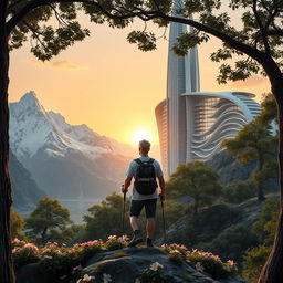 A super realistic scene featuring an architect with light-colored hair standing on a flower-covered rock, facing away