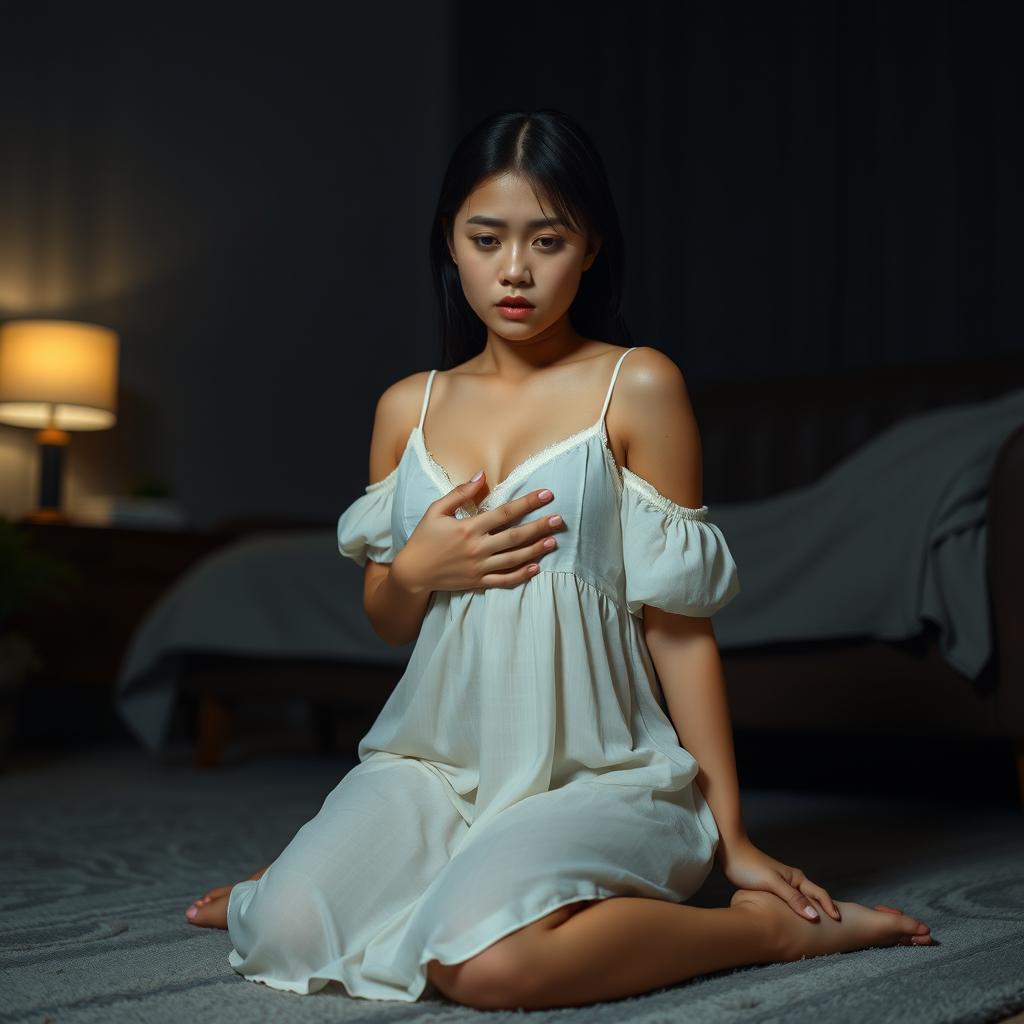 A beautiful 23-year-old Indonesian woman with a slim and sexy figure, characterized by her plump breasts, is wearing a delicate nightgown