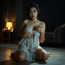 A beautiful 23-year-old Indonesian woman with a slim and sexy figure, characterized by her plump breasts, is wearing a delicate nightgown